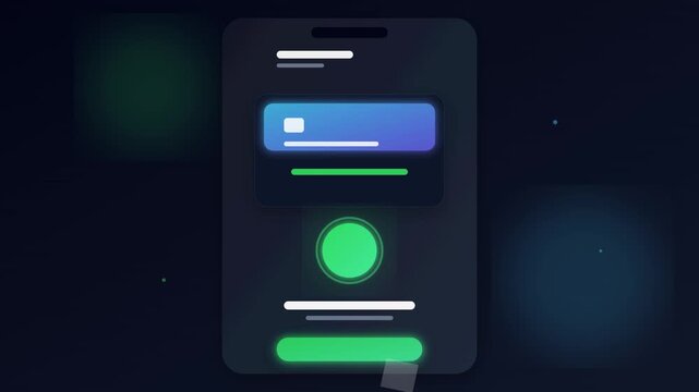Dark mode mobile payment success animation video, futuristic smartphone UI UX checkmark screen transitions, neon credit card online transaction looping stock footage