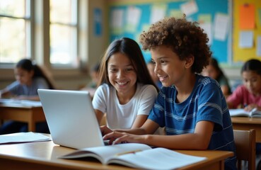 Obraz premium Diverse teen students collaborate on a laptop during class. Young boy and girl work together on school project. Education, teamwork and modern learning in classroom setting.