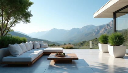 Naklejka premium Modern sectional sofa with coffee table on tiled terrace. Panoramic mountain view from luxury villa balcony. Comfortable outdoor seating area with lush green plants.