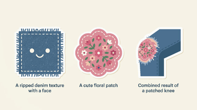 Illustration showing the process of creating a floral patch on denim fabric.
