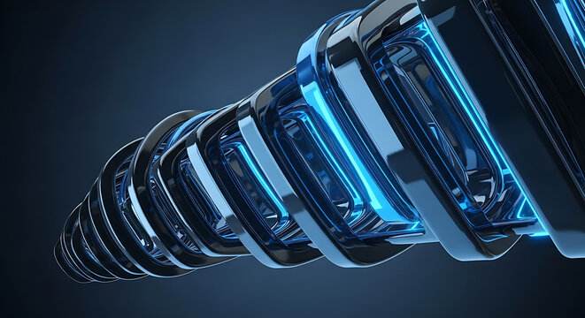 Abstract background of twisted digital data stream or technology pipeline with glowing blue lights and circuits in a dark environment artificial intelligence high tech technology abstract