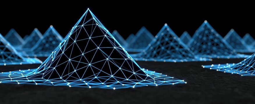 Futuristic triangular mesh design features 3D pyramids and illuminated nodes for AI analytics.