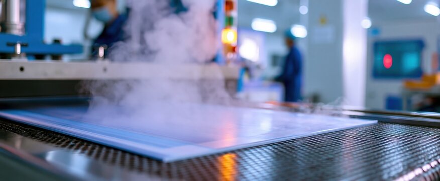 Industrial thermoforming machine shaping heated plastic sheet in a clean, modern manufacturing facility.