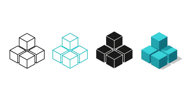 Set of four 3D isometric cubes in different styles including line art wireframe solid black teal color with isometric geometric elements abstract collection wireframe minimalist structure