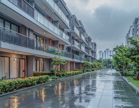 Rainy Walkway Along A Modern Korean Apartment Complex