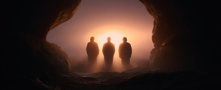 Three determined men enter a luminous empty cave at dawn for a profound spiritual Easter moment.