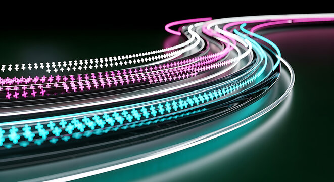 Abstract background featuring glowing fiber optic cables with streaming data in pink and teal colors streaming technology abstract connection communication internet transfer information