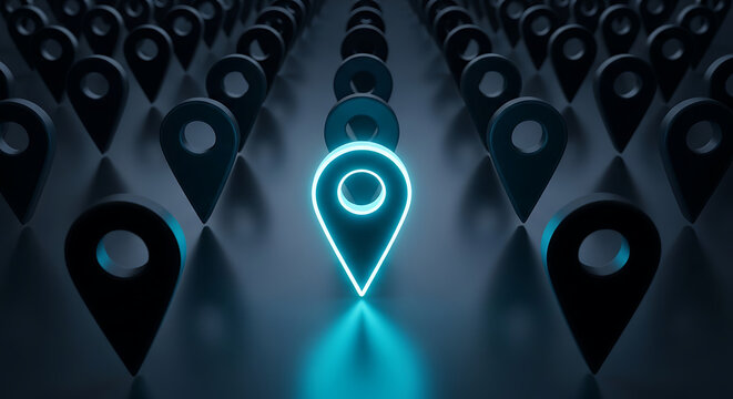Glowing blue map pin standing out among many dark grey location markers with location navigation standout destination position strategy direction individuality leadership connection abstract