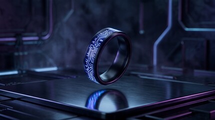 Obraz premium Smart Ring Wearable Tech Device Floating with Glowing Digital Neon Light Background