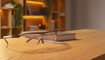 Obraz premium AR Smart Glasses on Wooden Desk Warm Lifestyle Product Shot