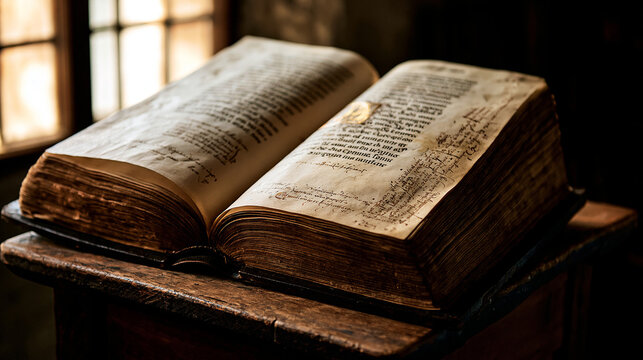 psalter. An open ancient psalter with gold leaf on aged vellum pages. event programs, museum guides, designed for cultural heritage projects and event programs, elevates cultural identity.