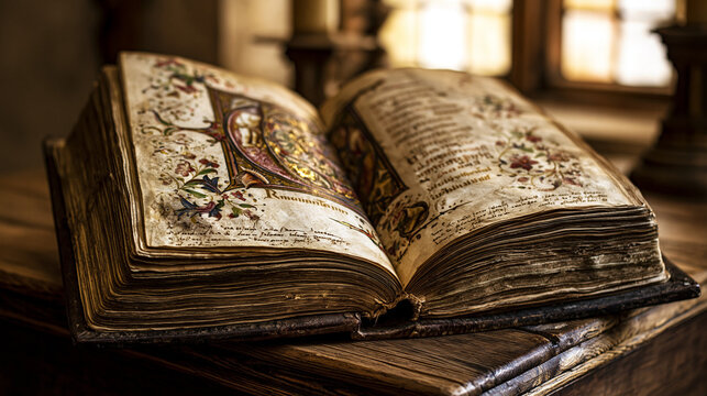 psalter. An open ancient psalter with gold leaf on aged vellum pages. event programs, museum guides, designed for cultural heritage projects and event programs, elevates cultural identity.