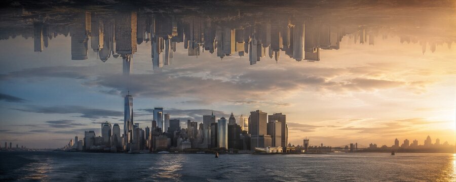 Upside down skyscraper city reflected in sky. Surreal urban reflection of metropolis skyline. Banner with copy space