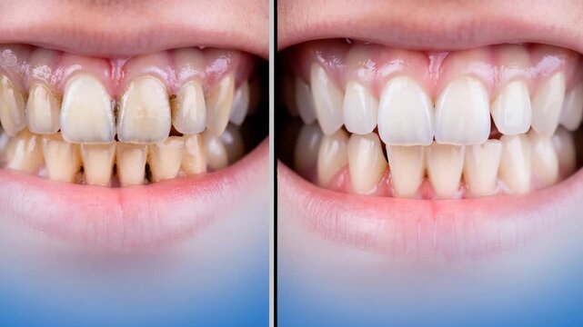 Watch a dramatic transformation as stained yellow teeth become brilliantly white and clean smile makeover