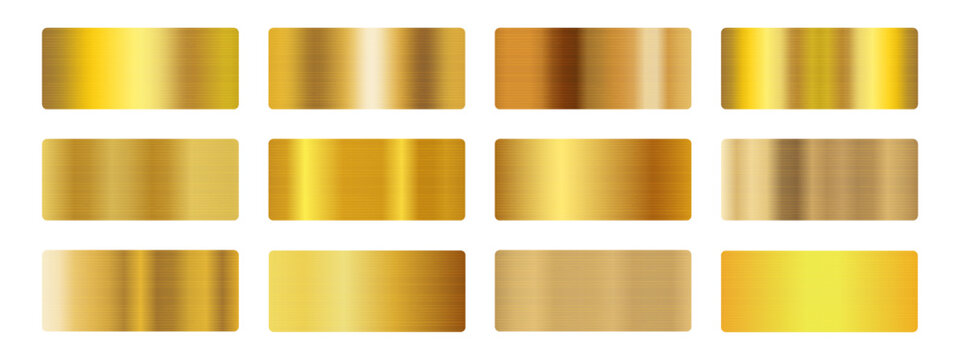 Gold metallic gradient textures set. brushed rectangular swatches in yellow, bronze, copper tones with smooth shine effect.