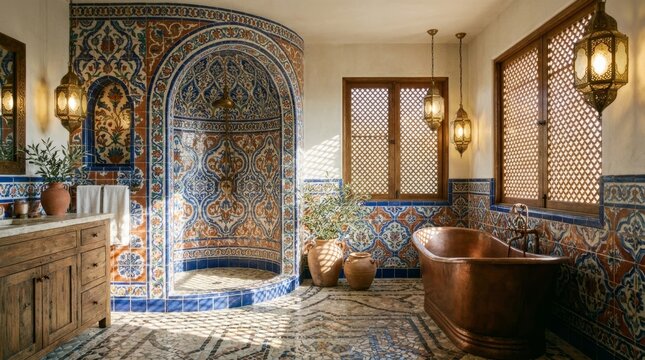 Luxurious Moroccan style bathroom interior featuring a copper bathtub, intricate mosaic tile shower, and ornate brass lanterns in a warm, sunlit setting.