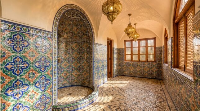 Luxury traditional Moroccan bathroom with ornate zellige tilework, mosaic pebble floor, brass lanterns, and vaulted ceiling in a riad.