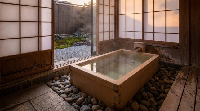 Traditional Japanese hinoki wooden bathtub with steam in a luxury ryokan, opening to a peaceful zen stone garden at sunset.