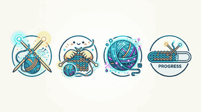 Set of cute knitting and crochet icons with yarn balls and needles.