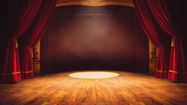 Dramatic theater scene with red velvet curtains opening under spotlight on stage performance