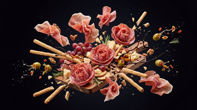 An artistic, deconstructed charcuterie board exploding with flying folds of prosciutto ham roses, breadsticks, red grapes, and gourmet crackers.