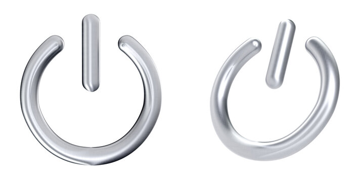 3D Silver Metallic Power Button Icon Front and Side View