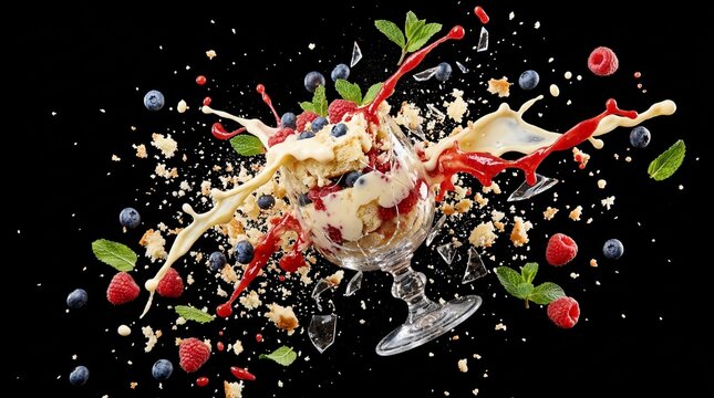 A gourmet berry ice cream sundae exploding outward with frozen dynamic splashes of vanilla cream, red strawberry syrup, fresh mint, and berries.