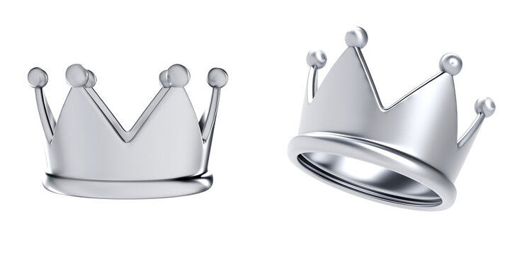 3D Silver Metallic Crown Icon Front and Side View