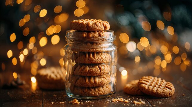 A glass jar filled with homemade cookies on a wooden table with warm bokeh lights in the background