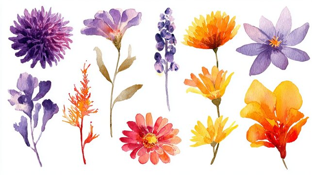A vibrant collection of colorful flowers and plants on a white background