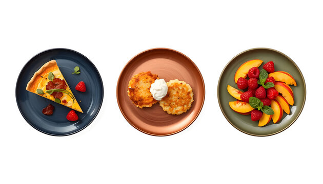 Delicious Slices of Pizza, Pancakes, and Fresh Fruit on Plates