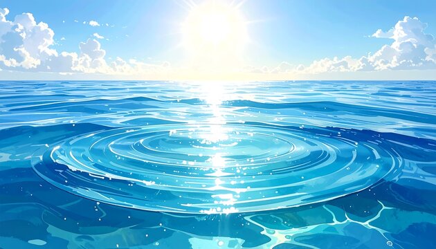 Bright Blue Ocean Water Rippling Under Shining Sun on Clear Horizon