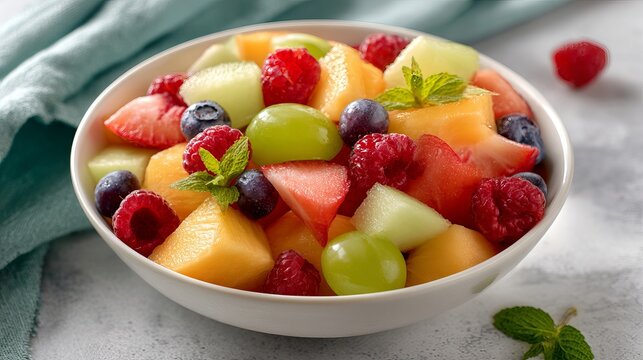 A vibrant and colorful fruit salad in a white bowl on a clean surface