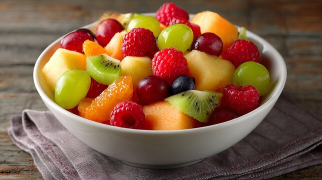 A colorful bowl of fresh fruit on a rustic wooden table with a napkin