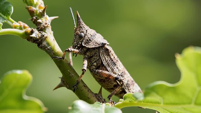 Macro of a Brown Treehopper Perched on a Thorny Green Tree Branch