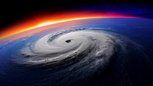 Massive hurricane swirling over Earth ocean with glowing horizon seen from space stunning natural disaster