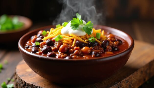 Hearty bowl of steaming chili loaded with beans and ground meat. Topped with shredded cheese sour cream and fresh green onions. Perfect for a cold weather meal.