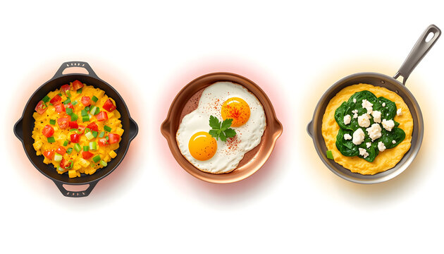Skillets with Food Isolated on White Background