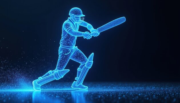 Digital blue low poly cricket batter in motion. AI powered sports analytics and player performance tracking system. Advanced technology visualizes game strategy and match data.