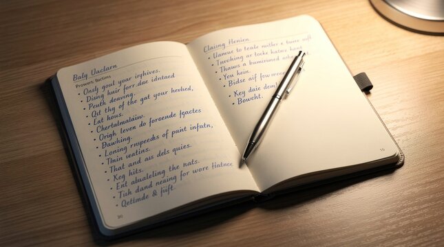 Open notebook with handwritten lists and a silver pen