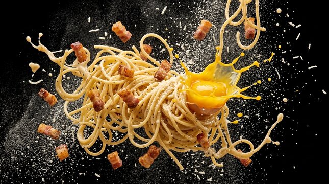 A dramatic, high-speed explosion of spaghetti pasta intertwined with crispy guanciale bacon bits and a rich, golden egg yolk slash against black.