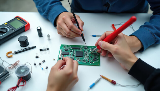 Two people assemble electronic circuit board on table. Hands use tools for building tech gadget. Team works on circuit prototype with components and wires. Includes multimeter for testing.