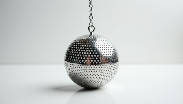 Silver metal sphere with perforations hangs from chain. This tea infuser ball holds loose tea leaves for brewing hot drinks. It is a simple kitchen tool.