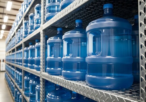 Large blue plastic water jugs stored on industrial metal shelves in a warehouse. 5 gallon jug