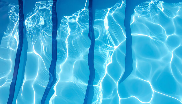 Bright blue water surface in a swimming pool with light reflections, caustics and ripples