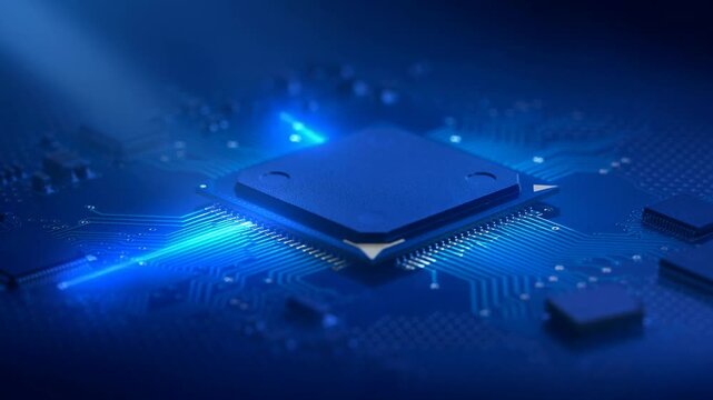 Close up of futuristic microchip on glowing blue circuit board with electric energy effect