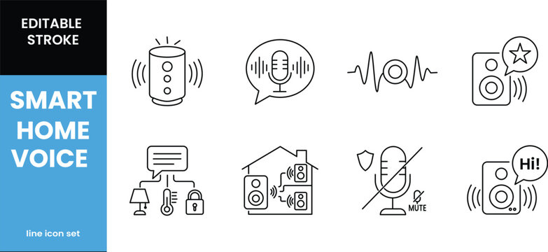 Smart home voice control line icon set for editable stroke