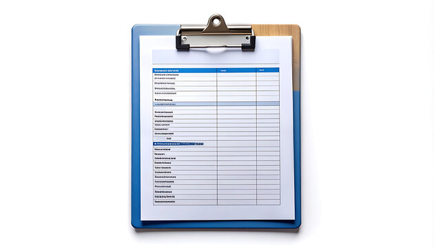 Clipboard with checklist and document, office supplies for task management and organization, paper form on a blue folder