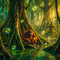 Obraz premium Borneon Orangutan in the Floating Orb Swamp. 