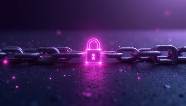 Digital chain link with glowing neon lock symbolizes cyber security. Abstract network protection secure data access. Futuristic tech background.